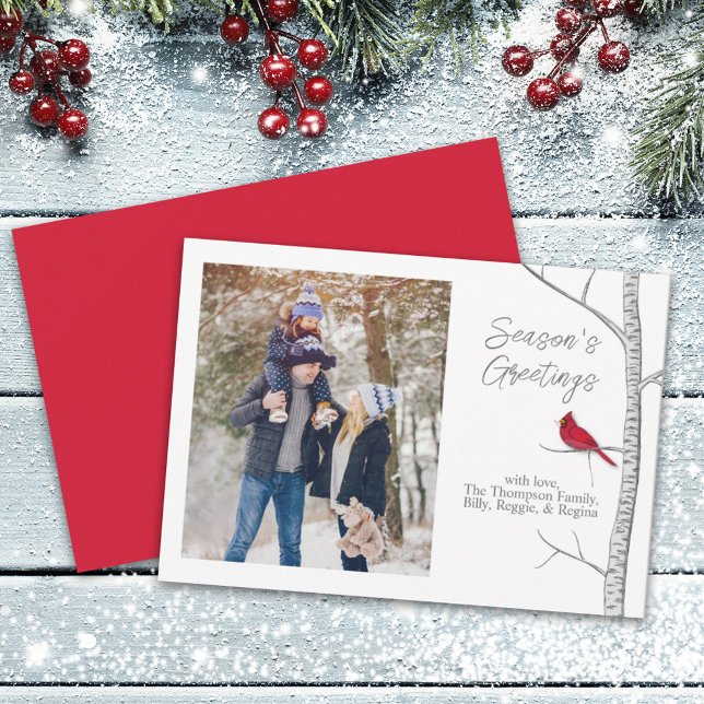 Red Cardinal Woodland Winter Tree Multi One Photo Holiday Card (Creator Uploaded)