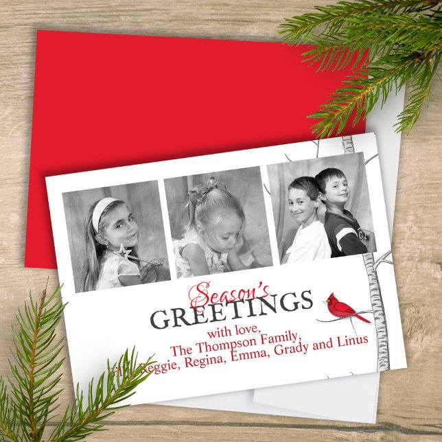 Red Cardinal Woodland Winter Tree Multi Photo Holiday Card (Winter botanical red cardinal three-photo greeting card template. )