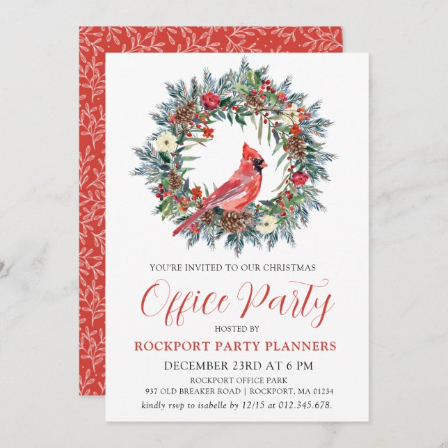 Red Cardinal Wreath Christmas Office Party Invitation (Front/Back)