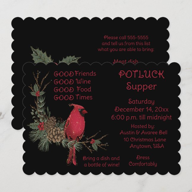 Red Cardinal Wreath Christmas Pot Luck Supper  Invitation (Front/Back)