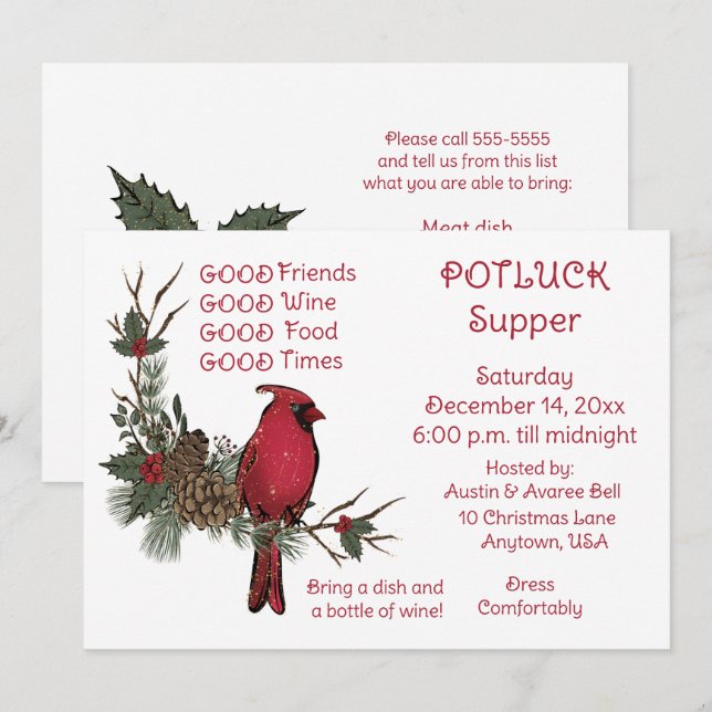 Red Cardinal Wreath Christmas Pot Luck Supper  Invitation (Front/Back)