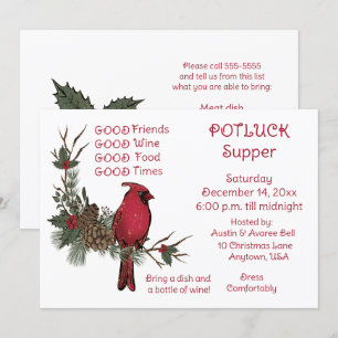 Red Cardinal Wreath Christmas Pot Luck Supper  Invitation