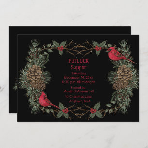 Red Cardinal Wreath Christmas Pot Luck Supper Invitation