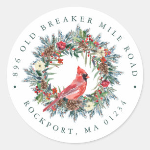 Red Cardinal Wreath Christmas Return Address Label