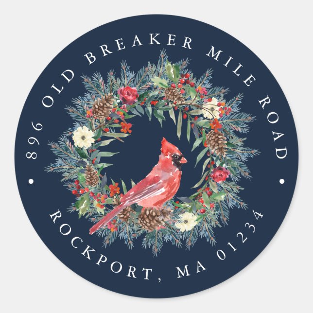 Red Cardinal Wreath Christmas Return Address Label (Front)