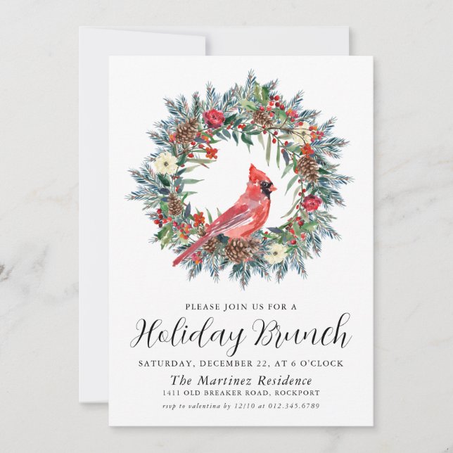 Red Cardinal Wreath Holiday Brunch Invitation (Front)