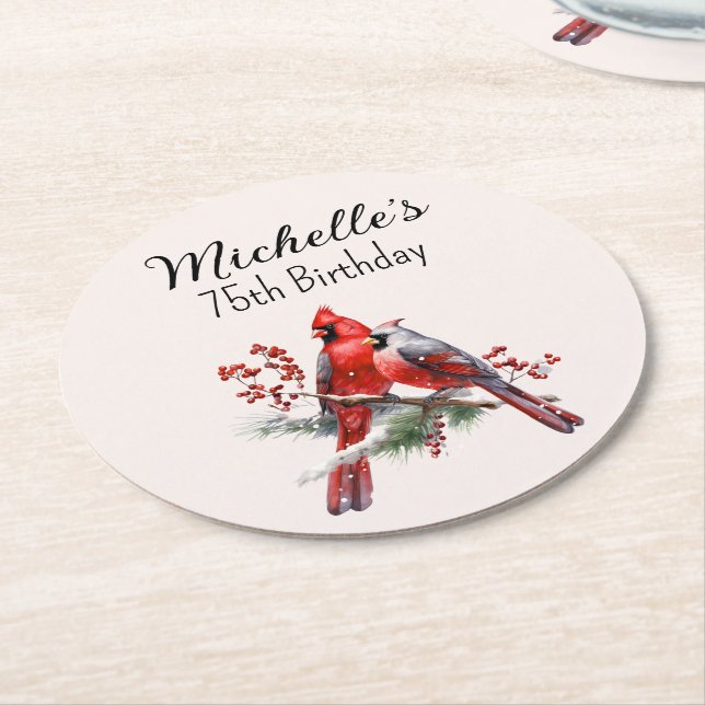 Red Cardinals 75th Birthday  Round Paper Coaster (Angled)