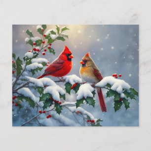 Red Cardinals and Holly in Snow