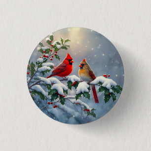 Red Cardinals and Holly in Snow 3 Cm Round Badge