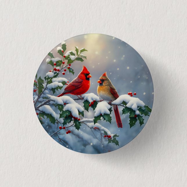 Red Cardinals and Holly in Snow 3 Cm Round Badge (Front)