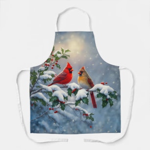 Red Cardinals and Holly in Snow Apron