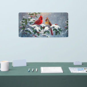 Red Cardinals and Holly in Snow Banner