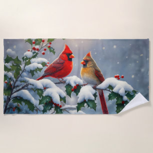 Red Cardinals and Holly in Snow Beach Towel