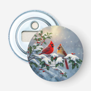 Red Cardinals and Holly in Snow Bottle Opener