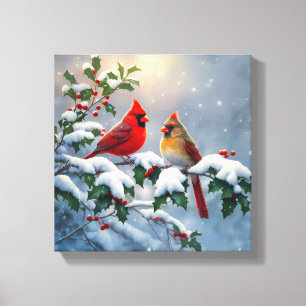 Red Cardinals and Holly in Snow Canvas Print