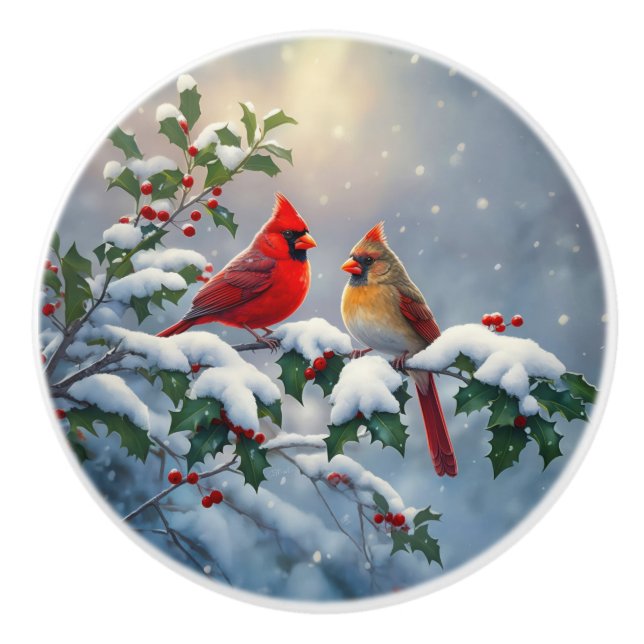Red Cardinals and Holly in Snow Ceramic Knob (Front)