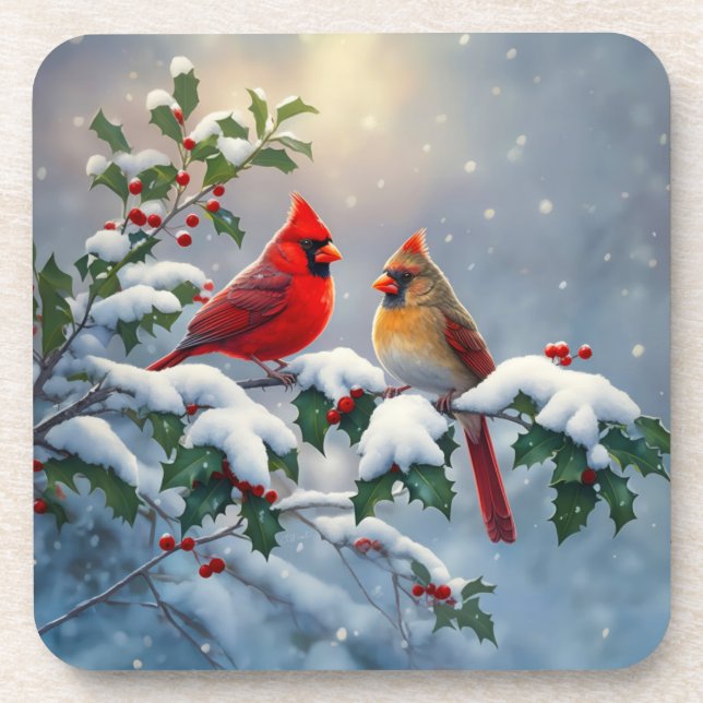 Red Cardinals and Holly in Snow Coaster (Front)
