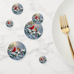 Red Cardinals and Holly in Snow Confetti
