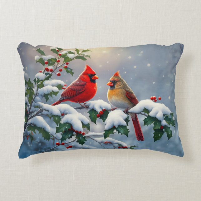 Red Cardinals and Holly in Snow Decorative Cushion (Front)