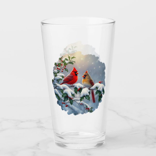 Red Cardinals and Holly in Snow Glass (Front)