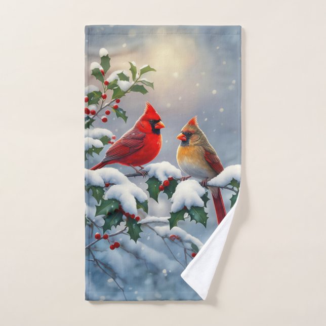 Red Cardinals and Holly in Snow Hand Towel (Hand Towel)