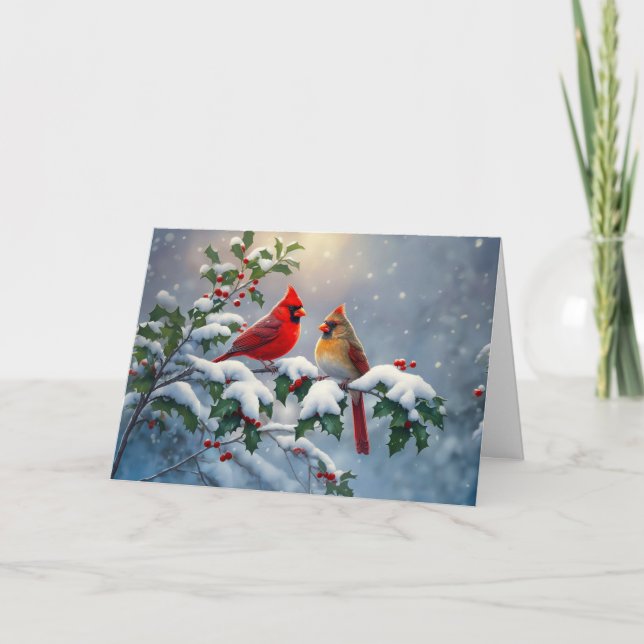 Red Cardinals and Holly in Snow Holiday Card (Front)