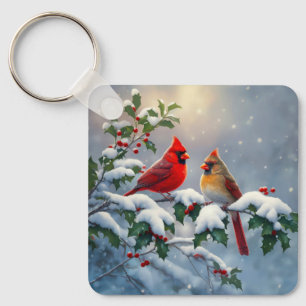 Red Cardinals and Holly in Snow Key Ring