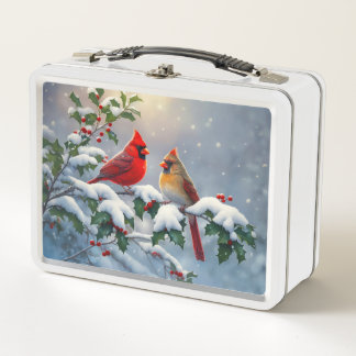 Red Cardinals and Holly in Snow Metal Lunch Box