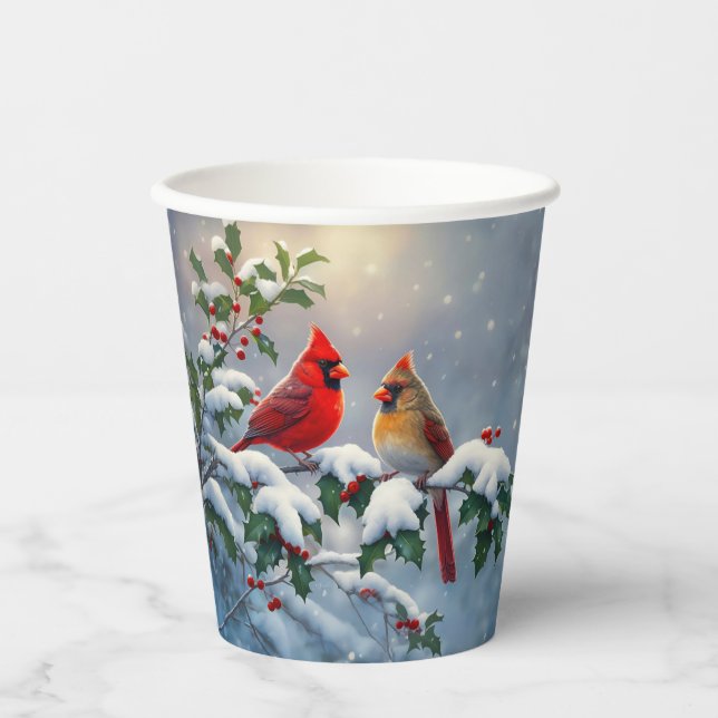 Red Cardinals and Holly in Snow Paper Cups (Front)