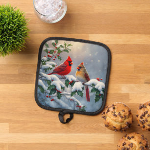 Red Cardinals and Holly in Snow Pot Holder