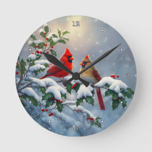 Red Cardinals and Holly in Snow Round Clock