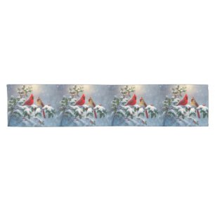 Red Cardinals and Holly in Snow Short Table Runner