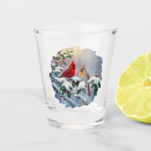 Red Cardinals and Holly in Snow Shot Glass