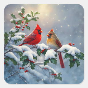 Red Cardinals and Holly in Snow Square Sticker