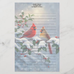 Red Cardinals and Holly in Snow Stationery