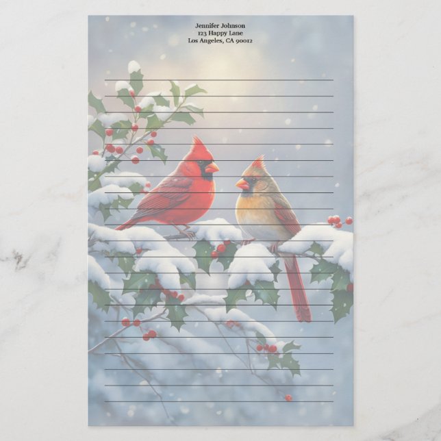 Red Cardinals and Holly in Snow Stationery (Front)