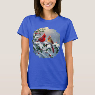 Red Cardinals and Holly in Snow T-Shirt