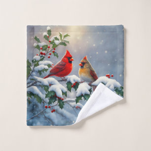 Red Cardinals and Holly in Snow Wash Cloth