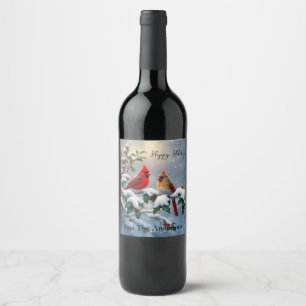 Red Cardinals and Holly in Snow Wine Label
