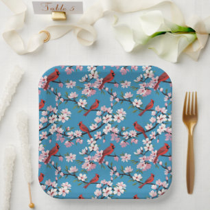 Red Cardinals and Pink Cherry Blossoms Blue Paper Plate