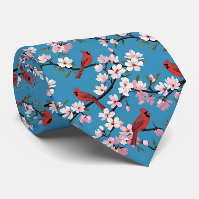 Red Cardinals and Pink Cherry Blossoms Blue Tie (Rolled)