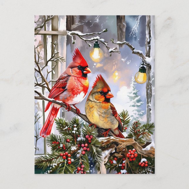 Red Cardinals and Wild Berries Winter Nature  Holiday Postcard (Front)