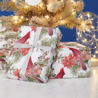 Red Cardinals, Berries and Poinsettia Flowers  Wrapping Paper