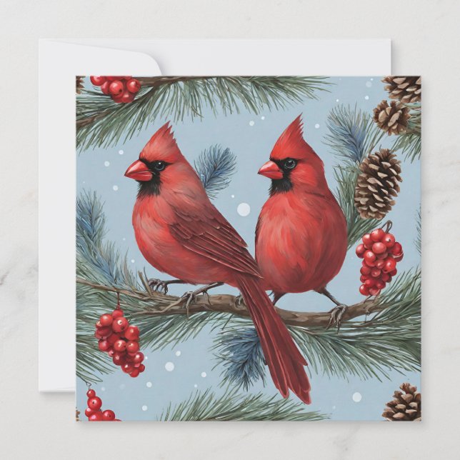 Red Cardinals, Berries, Pine Branches, Pinecones  Holiday Card (Front)