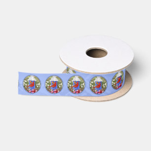 Red Cardinals Bird House Flower Garden Blue Satin Ribbon