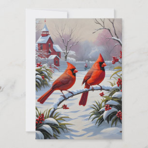 Red cardinals in winter holiday card