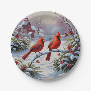 Red cardinals in winter paper plate