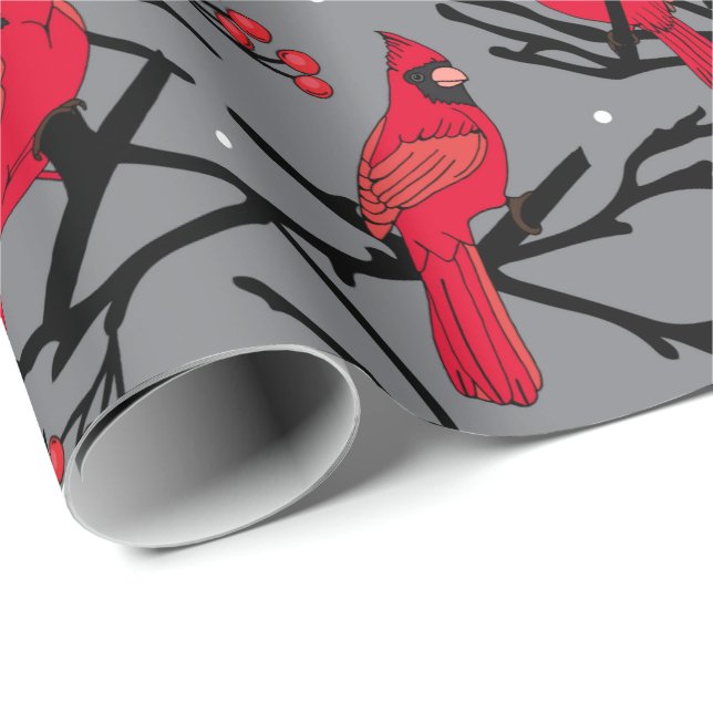 Red Cardinals Pattern Winter Woodland Christmas Wrapping Paper (Roll Corner)
