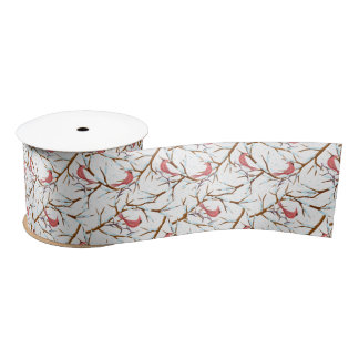 Red Cardinals Snowy Tree Pattern Christmas Ribbon Satin Ribbon