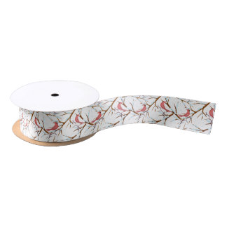 Red Cardinals Snowy Tree Pattern Christmas Ribbon Satin Ribbon